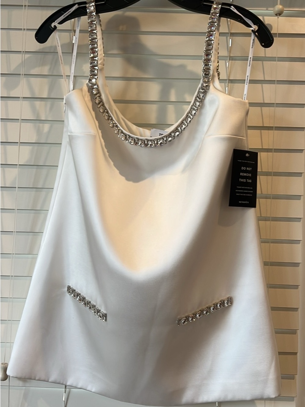 Retrofete White Satin Mini Dress with Crystal Trim